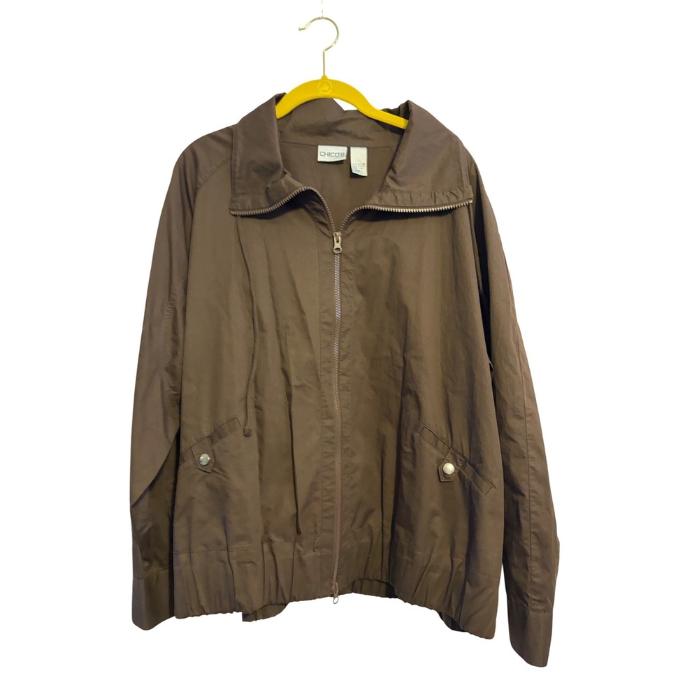 Chicos Brown 100% Cotton Full Zip Lightweight Jacket Size 3 XL Two Way Zipper‎